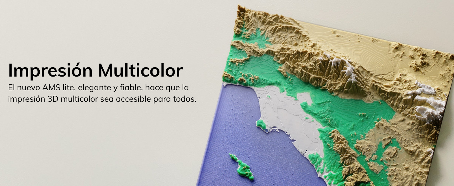 Impresión Multicolor  El nuevo AMS lite, elegante y fiable, hace que la impresión 3D multicolor sea accesible para todos.